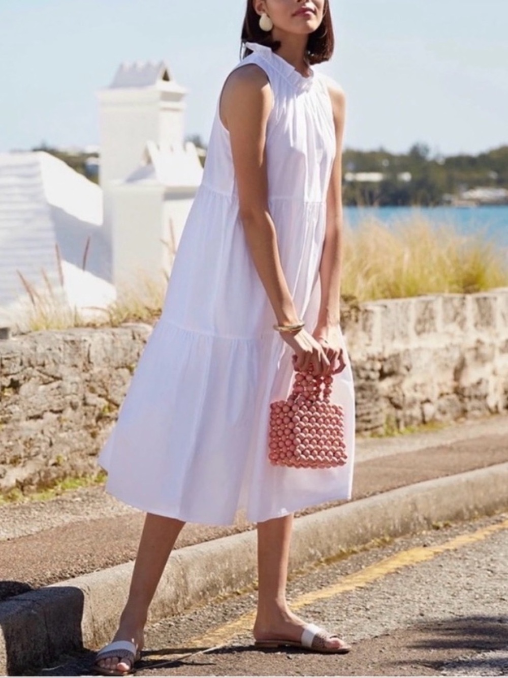 Lake White Cotton Poplin Ruffle Neck Tiered Dress